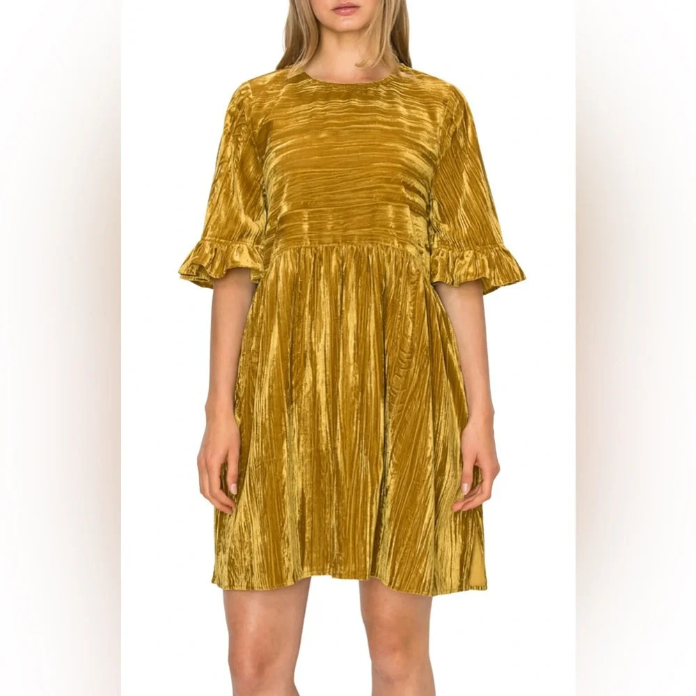 Melloday - RUFFLE SLEEVE VELVET MINI DRESS IN GOLD